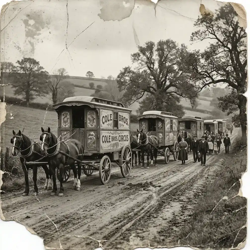 非凡娱乐 - 1890年代马戏团马车巡游车队穿越乡间小路的老照片